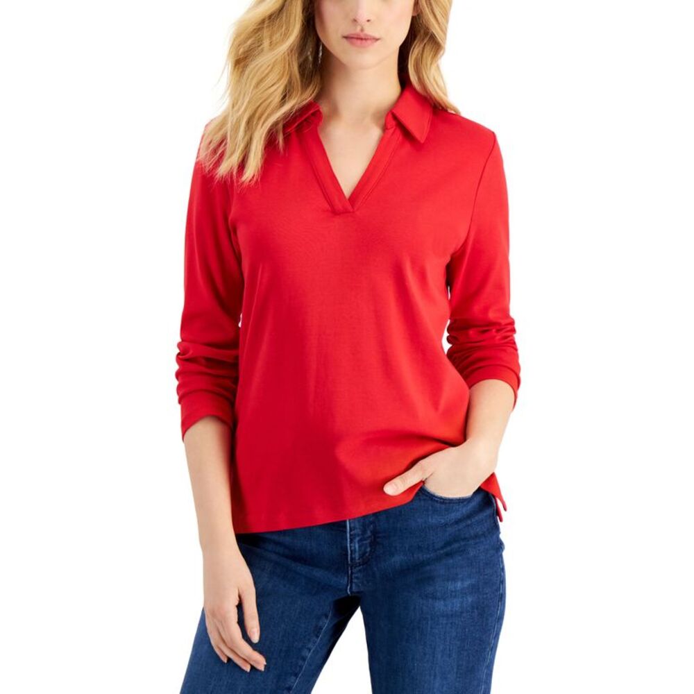 Charter Club Womens Cotton Johnny Collar T-Shirt